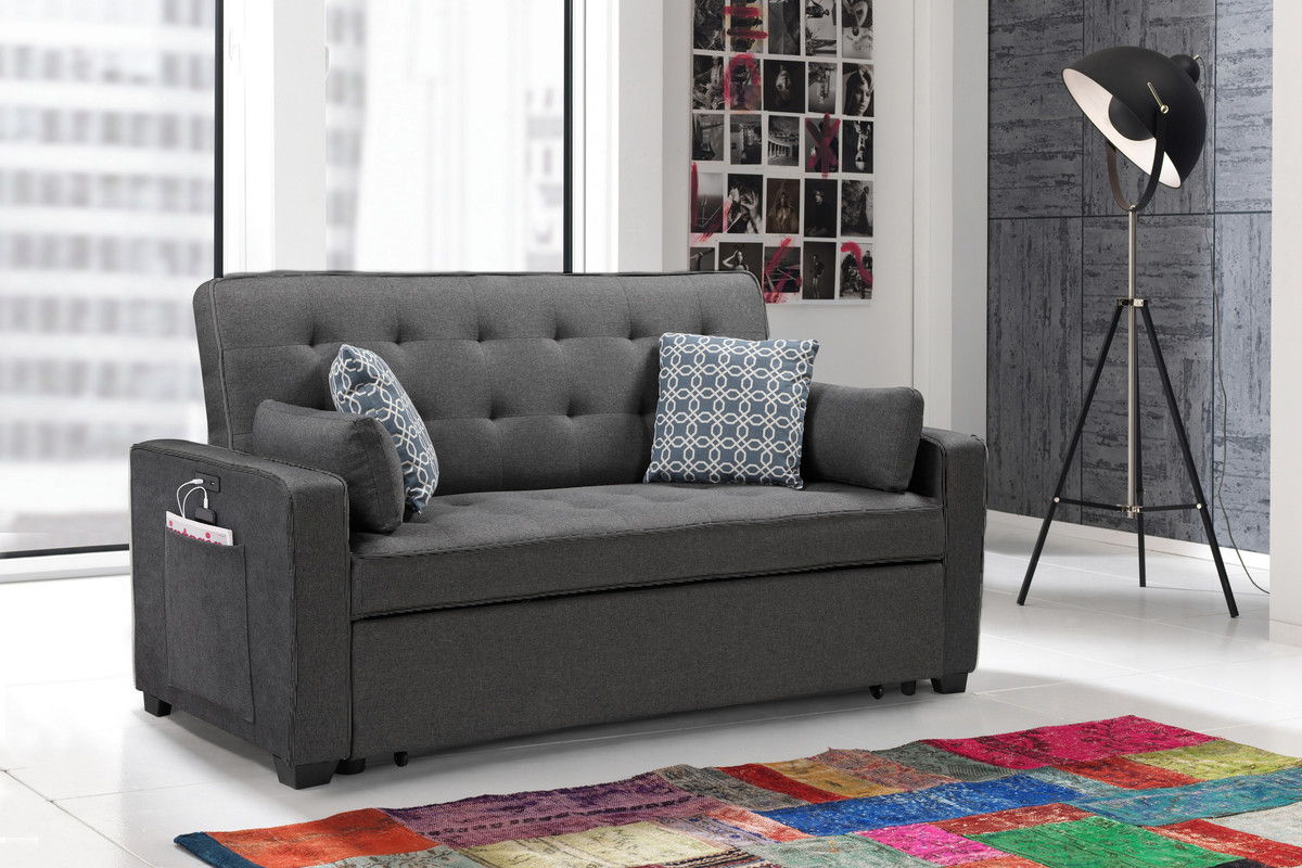 William - Sleeper Sofa With 2 USB Charging Ports And 4 Accent Pillows - Gray