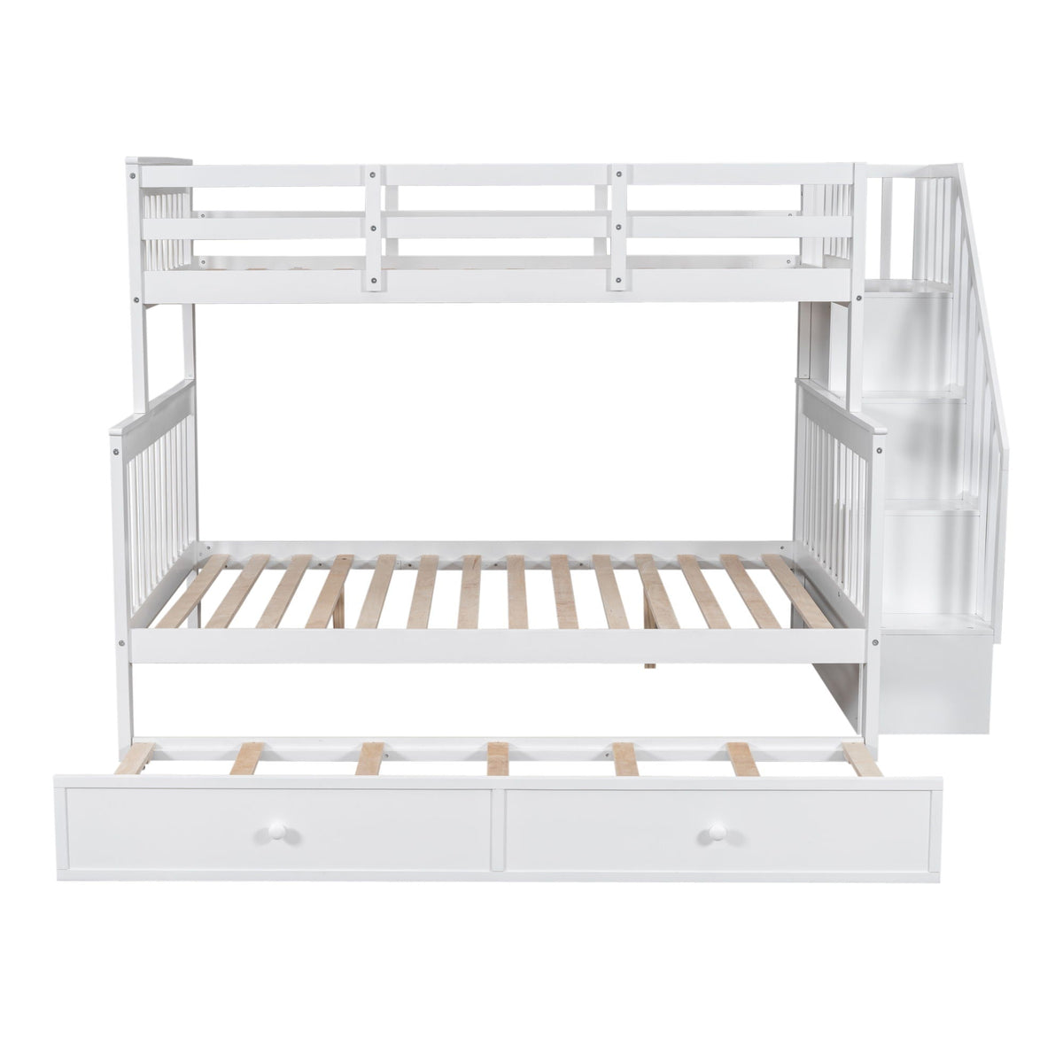 Bunk Bed With Twin Size Trundle, Storage And Guard Rail For Bedroom