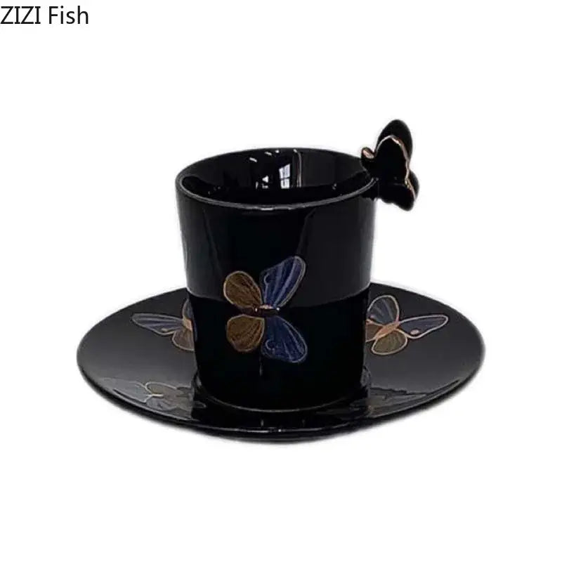 Elegant black butterfly ceramic tea cup and saucer set dining room