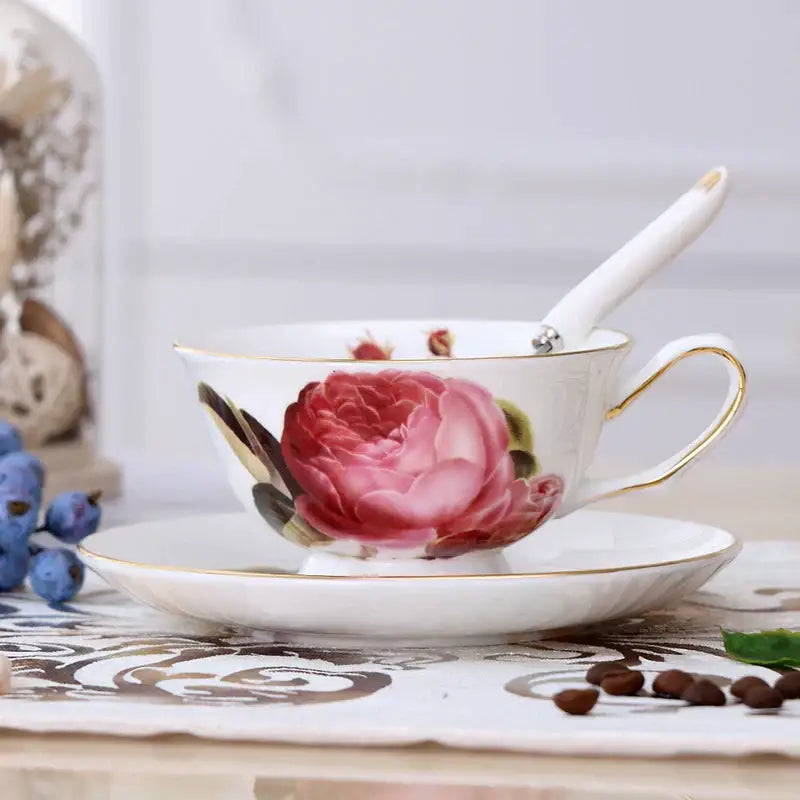 Elegant floral porcelain tea cup set – dining room gold trim rose cup