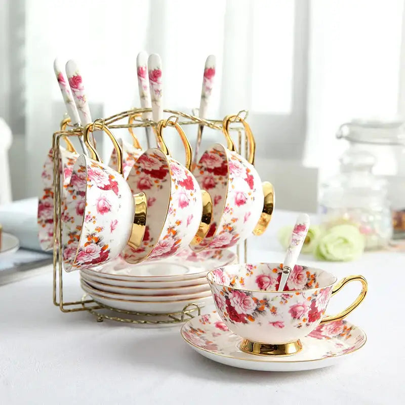 Elegant floral tea set pink & orange dining room bone china cup