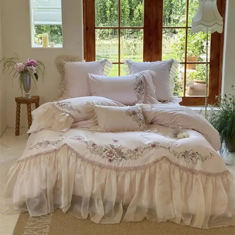 Elegant flowers embroidery lace bedding set bedroom cream cotton