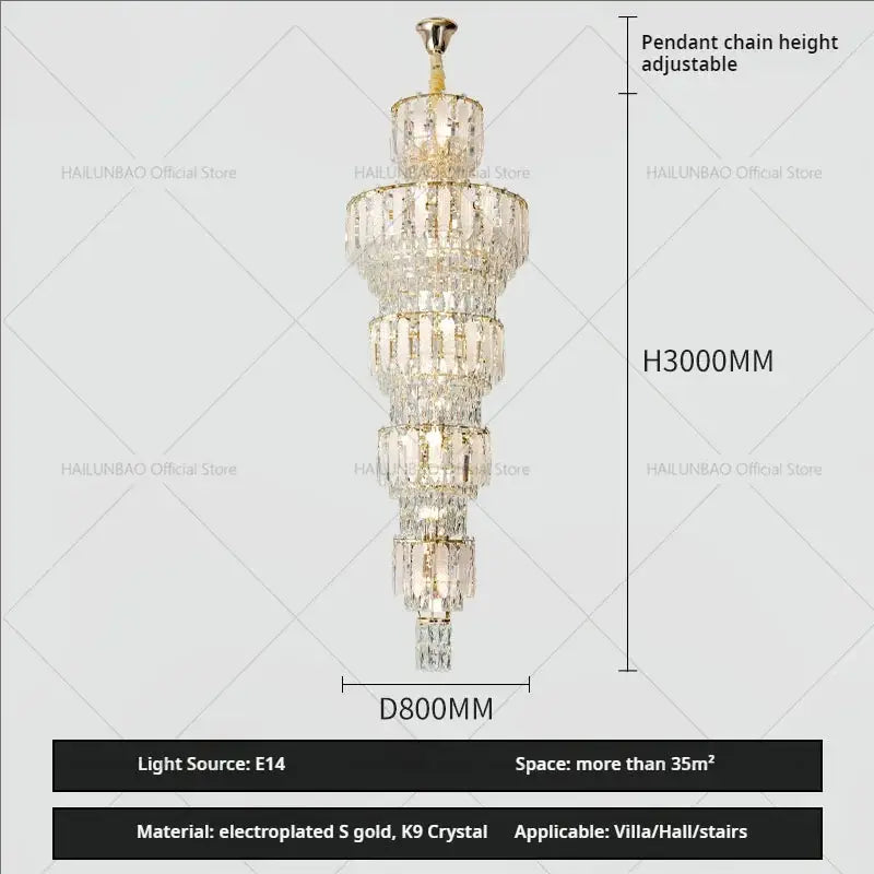 Elegant gold duplex villa crystal light chandelier for spiral staircase