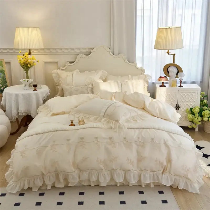 Elegant heart cream satin bedding set bedroom floral lace embroidery