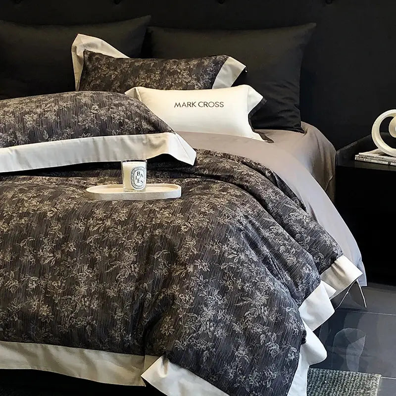 Elegant ivory & dark brown floral egyptian cotton bedding sets bedroom