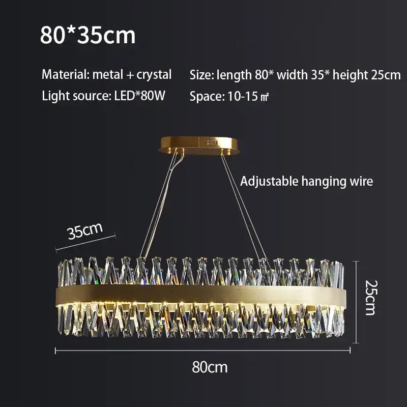 Elegant oval brushed gold rings crystal chandelier dining room light