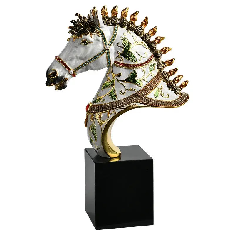 Elegant white enamel horse sculpture with gold accents living room decor