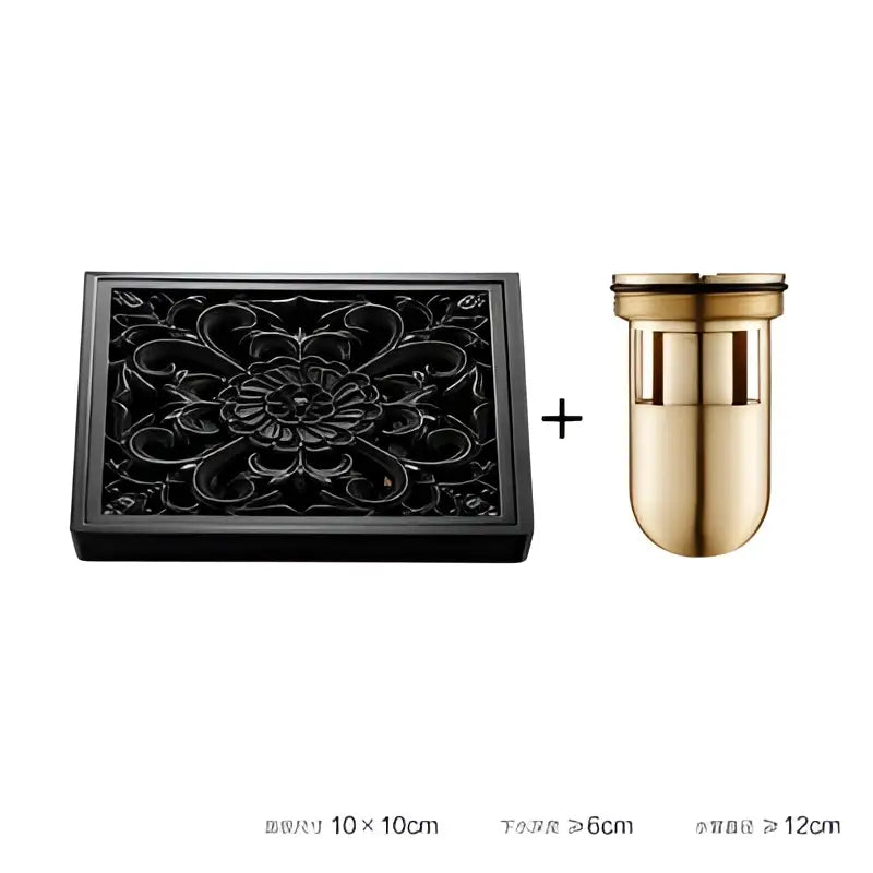 Embossed floral black brass square floor drain shower room