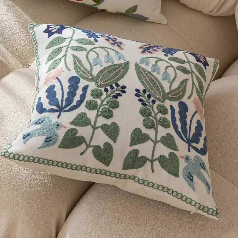 Embroidered floral bird white office cushion pillowcase office