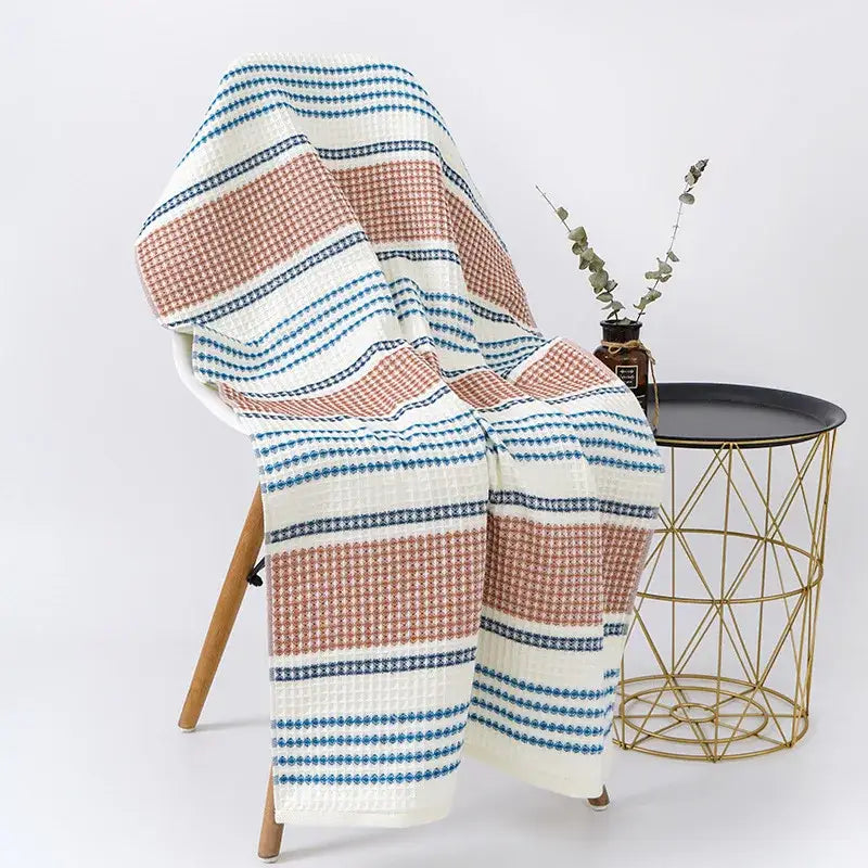 Embroidered white & blue cotton bath towel bathroom honeycomb linen