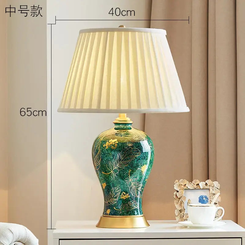 Emerald green floral ceramic table lamp living room golden leaf decor