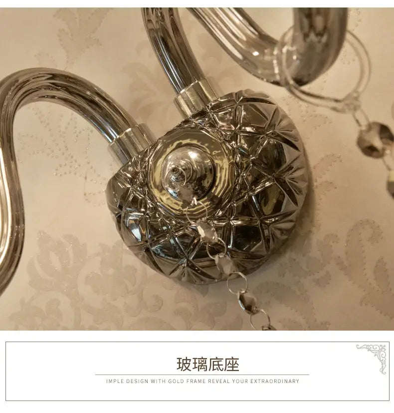 European style silver and smoke grey crystal wall lamp bedroom light