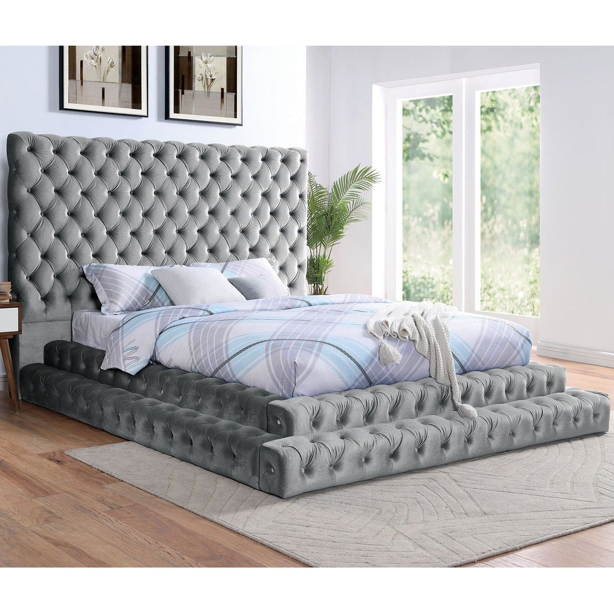 Tufted Oversized Headboard Platform Bed With Fully Upholstered Frame