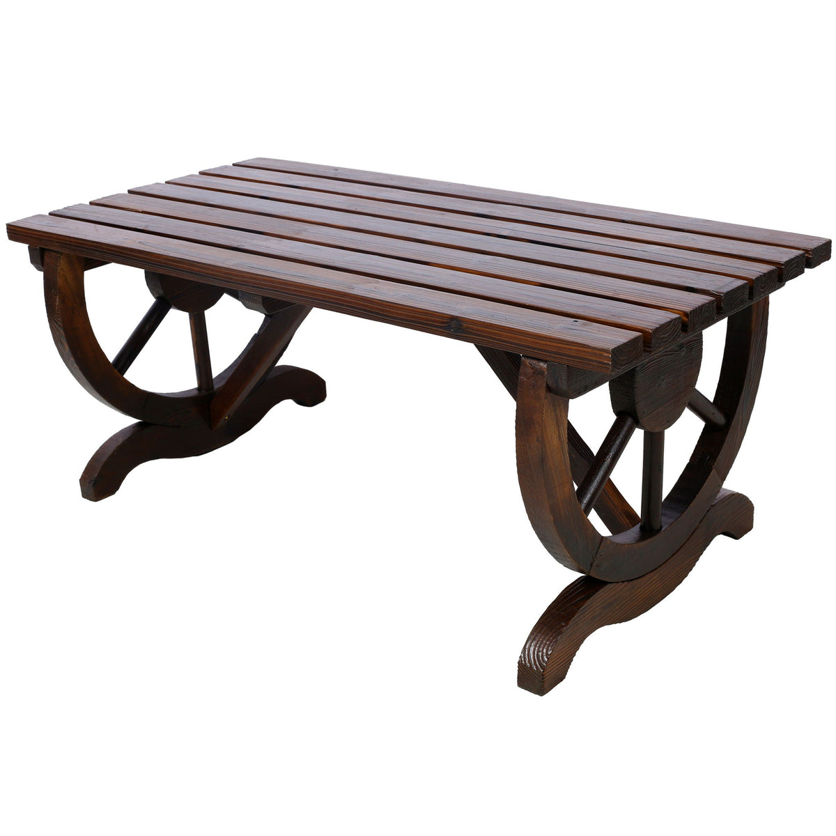 Rustic Wooden Bench With Wagon Wheel Legs For Garden And Patio - Brown