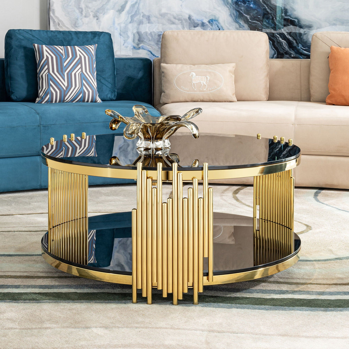 Elegant Round Table With Double Layer Tempered Glass Top And Stainless Steel Frame For Living Room