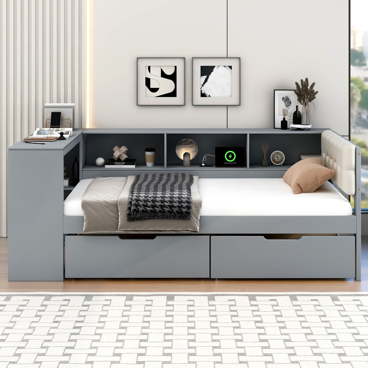 Upholstered Headboard Platform Bed With Storage Shelves, Drawers, Charging Station