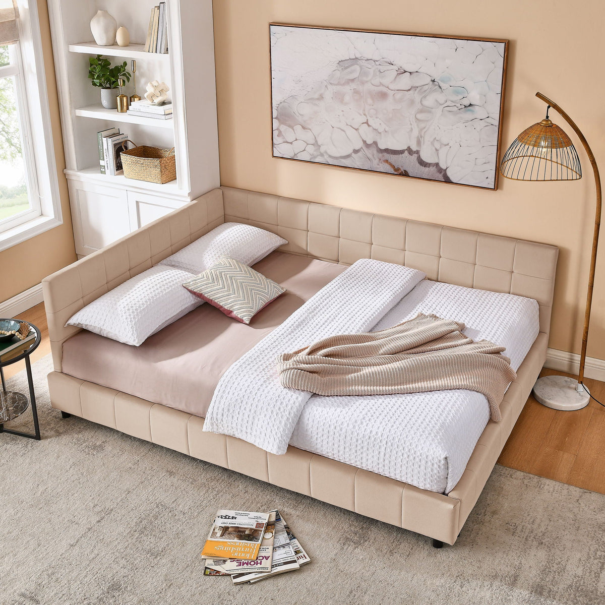 Mid-Century Storage Upholstered Tufted Bed Frame With Backrest And Armrests