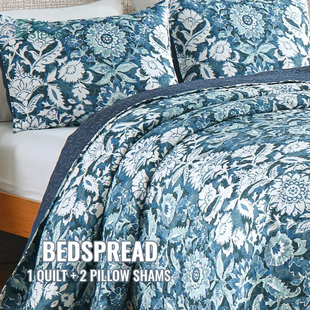 Farmhouse blue & white floral quilted bedding set bedroom decor