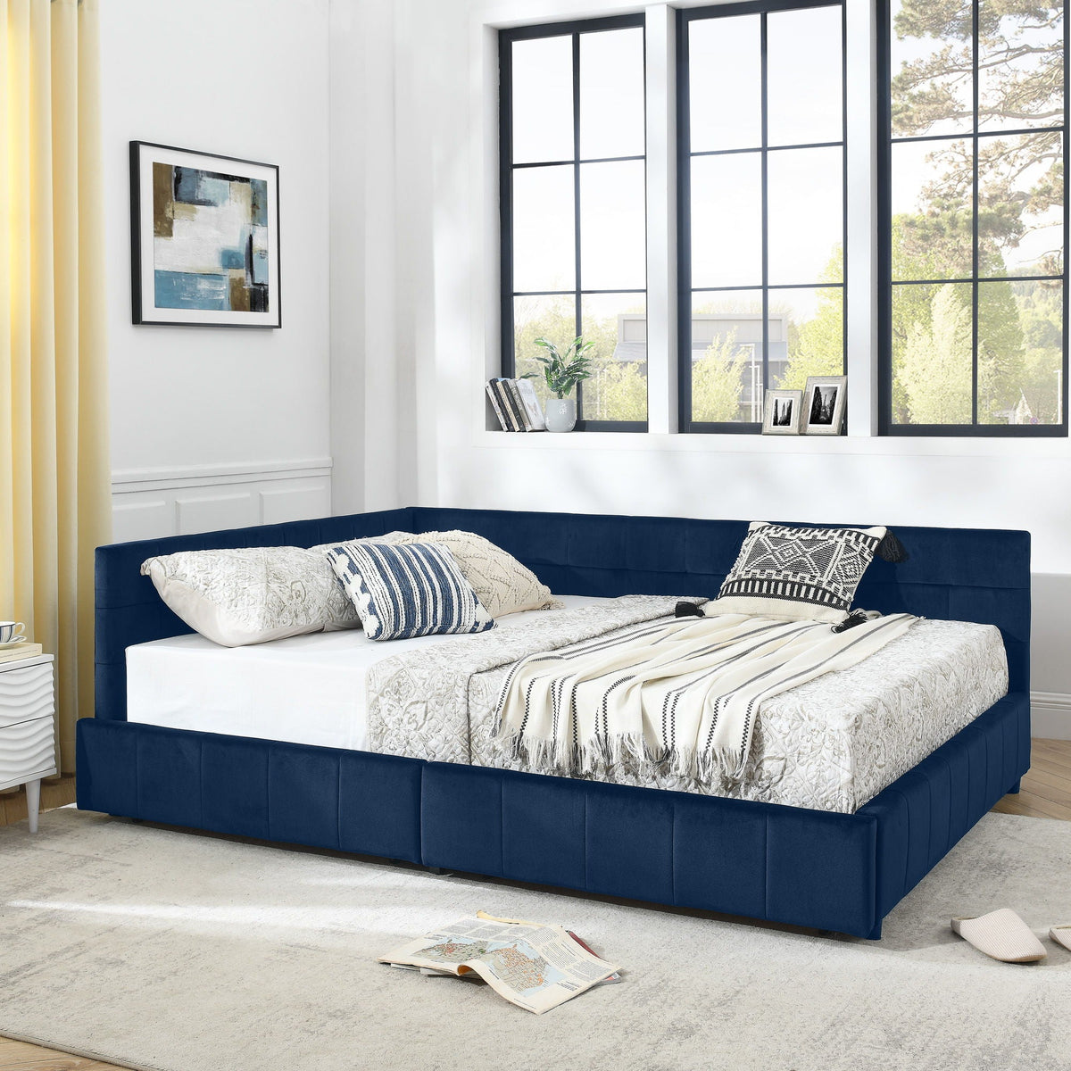 Upholstered Bed Frame With Tufted Backrest And Armrests