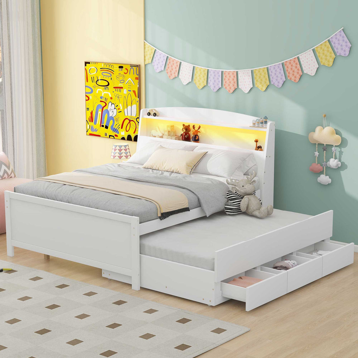 Full Size Platform Bed With Storage LED Headboard, Twin Trundle And 3 Drawers - White