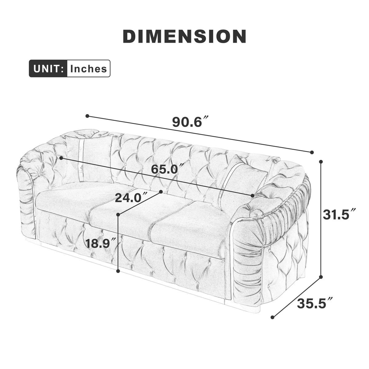 Button Tufted Couch With 2 Pillows, 3 Seater Luxury Chesterfield Sofa