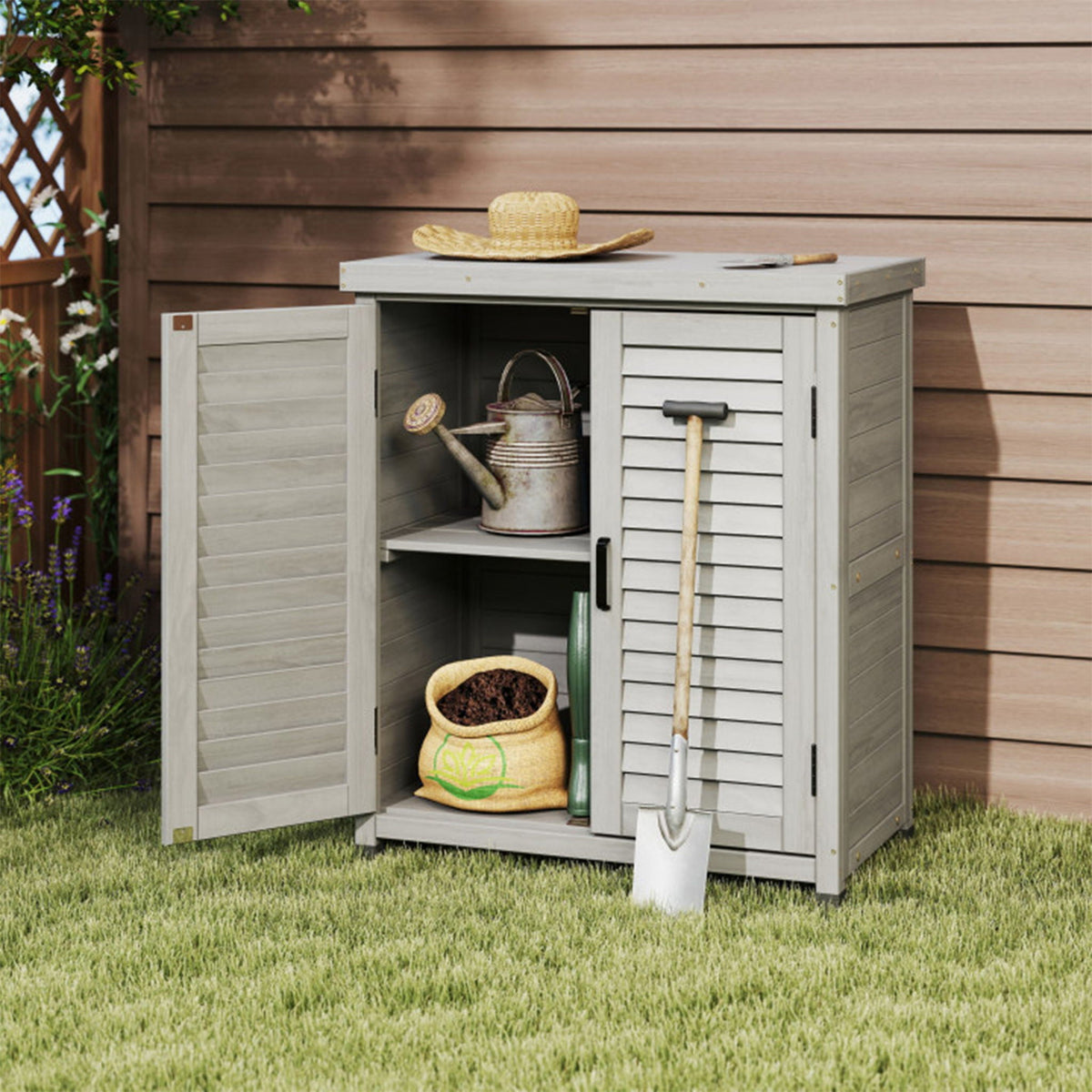 Potting Bench With Storage Cabinet And Metal Table Top For Outdoor