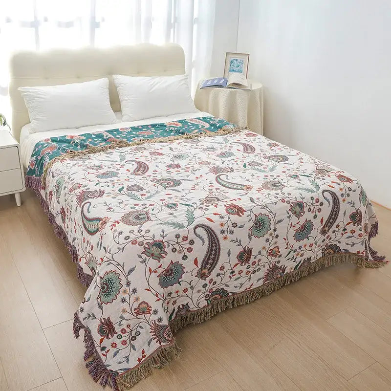 Floral cotton bohemian throw blanket – bedroom multi-color cover