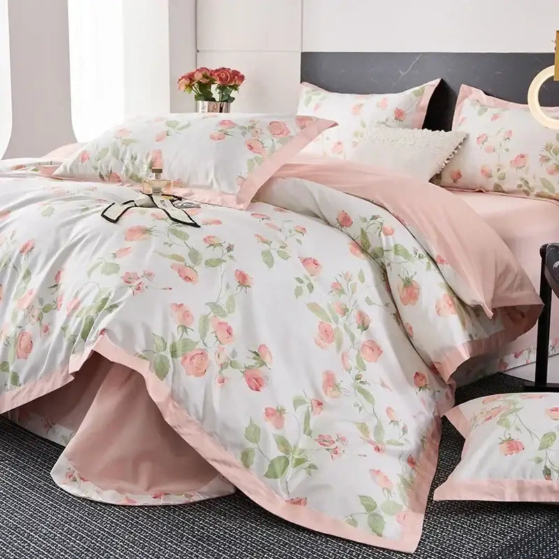 Floral cream & red egyptian cotton bedding set bedroom satin trim