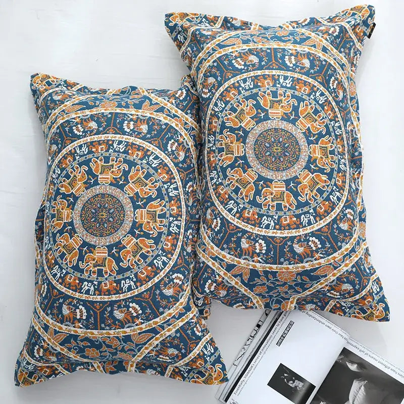 Floral navy & orange cotton picnic blanket bedroom bedspread
