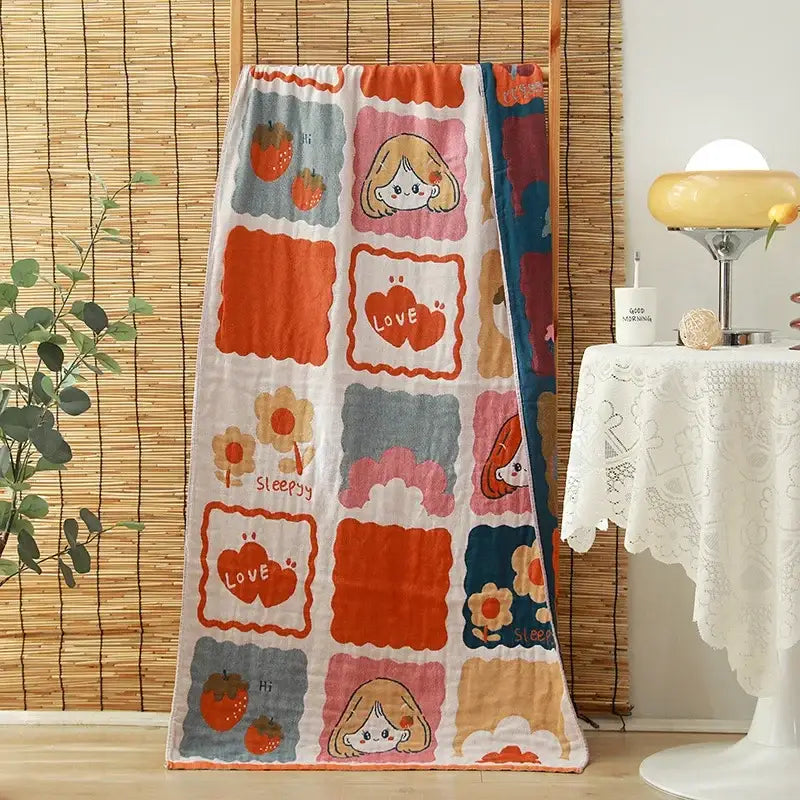 Floral orange & pink cotton gauze adult bath towels bedroom decor