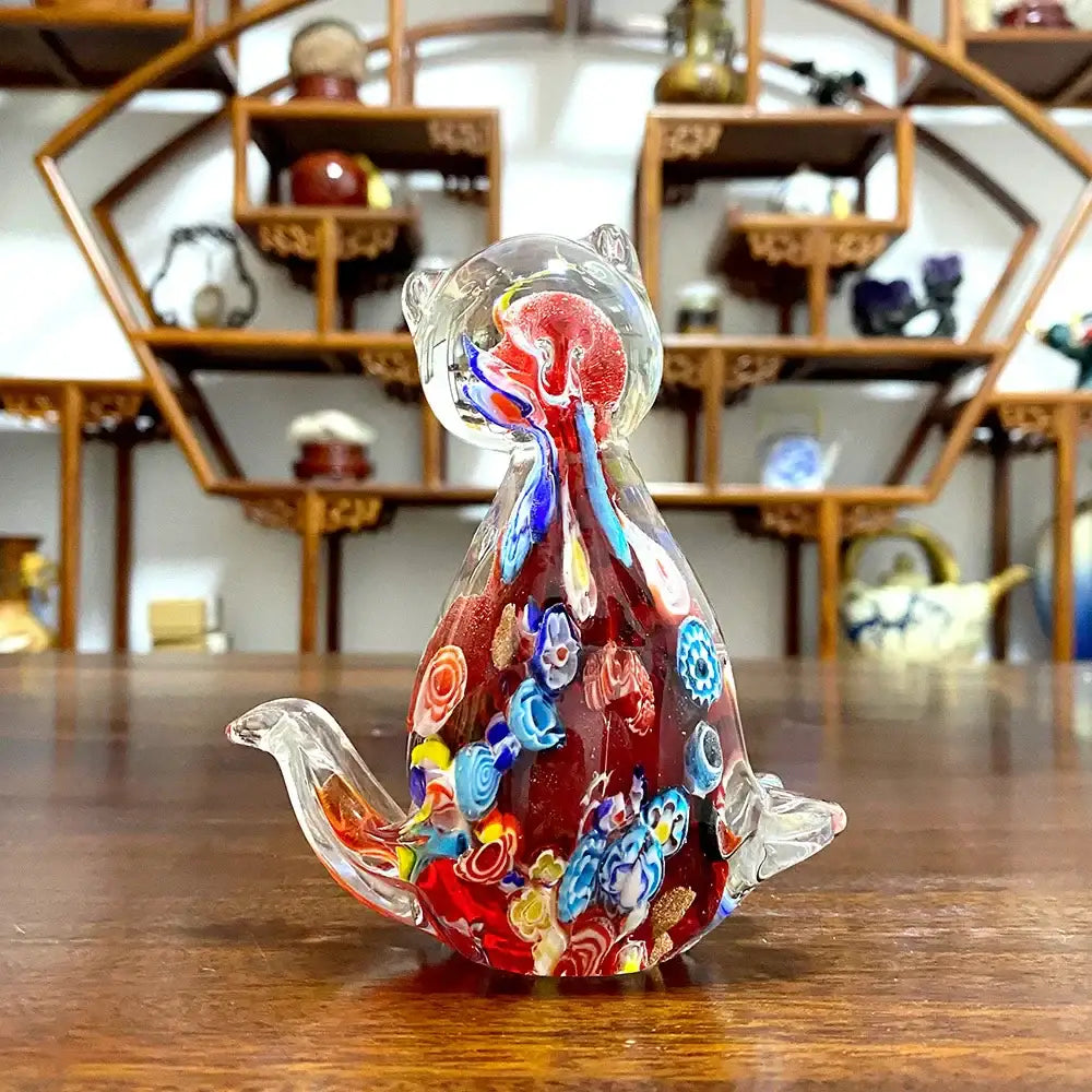 Floral red cat glass figurine living room cute cat decor