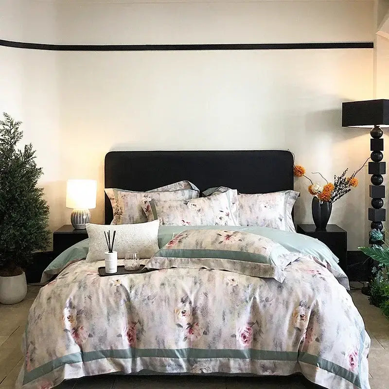 Floral watercolor blue & white egyptian cotton bedding set bedroom