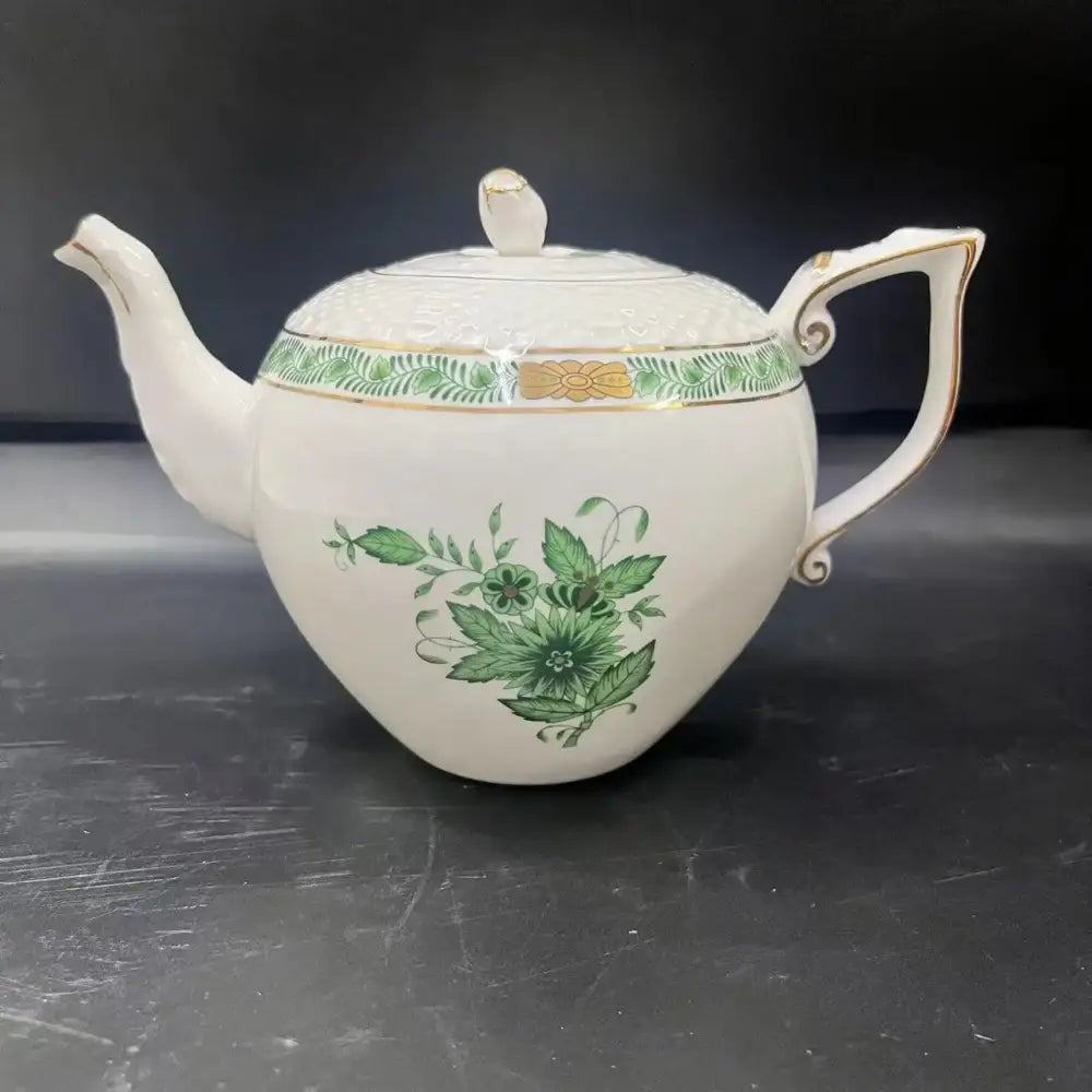 Floral white & green ceramic tea cup set dining room gold trim