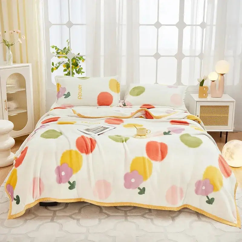 Floral white & navy cozy flannel plush blanket bedroom throw