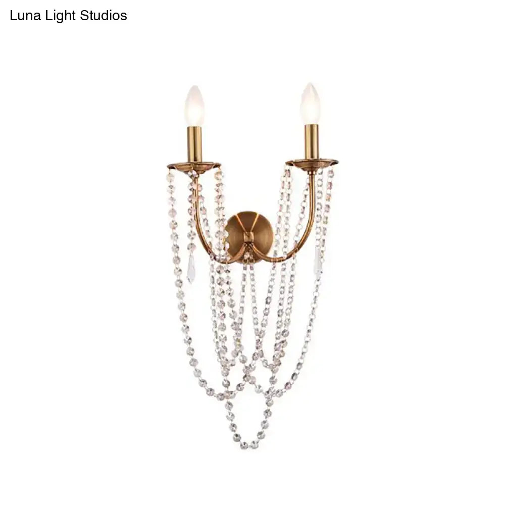 French country brushed brass clear crystal wall lamp bedroom sconce
