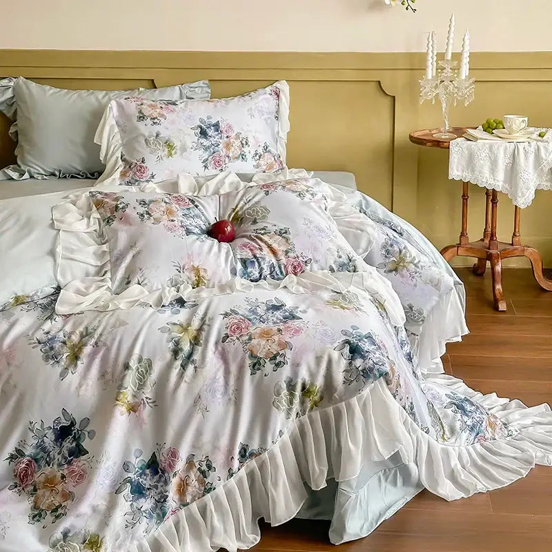 French flowers lace ruffles satin bedding set bedroom decor