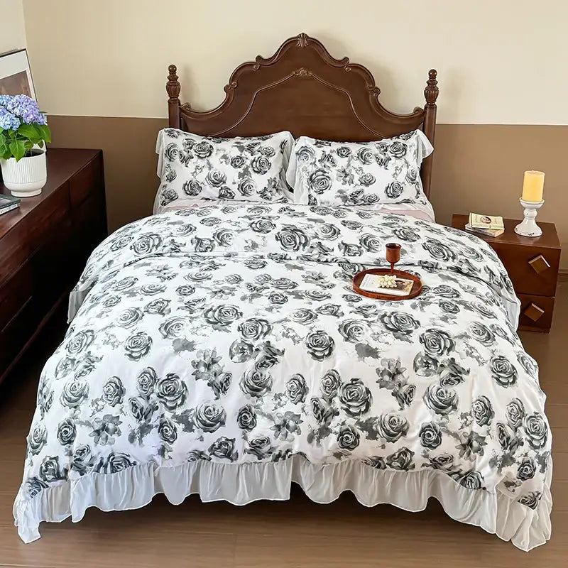 French flowers lace ruffles white bedroom bedding set