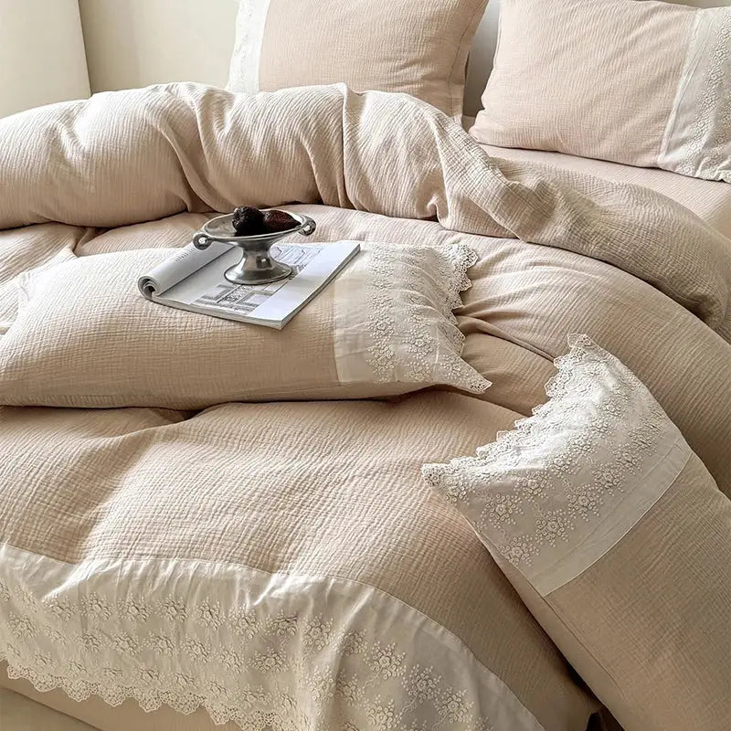 French lace cotton mint green & white bedding set bedroom duvet
