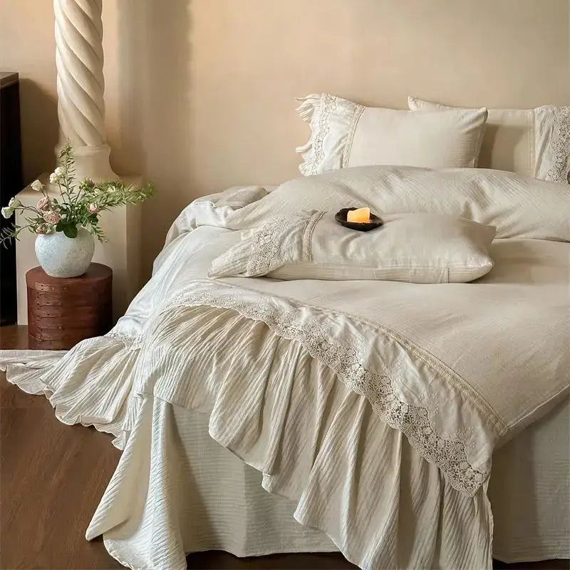 French lace ruffle cream linen bedding set bedroom decor