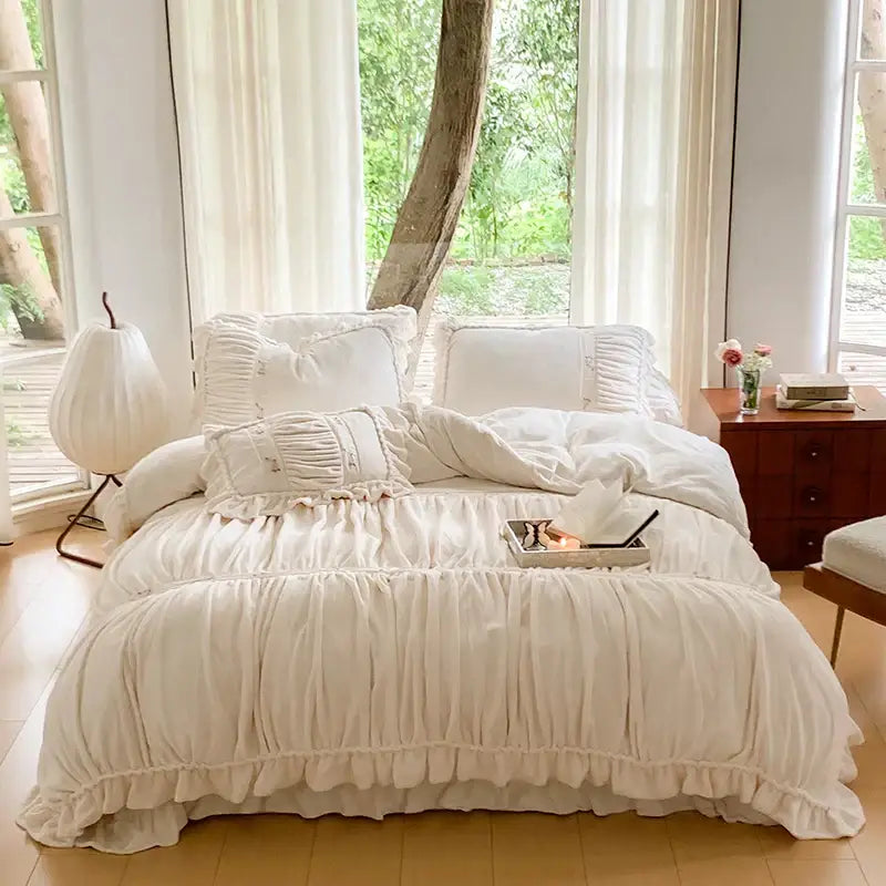French pleat lace cream velvet duvet cover bedroom bedding set
