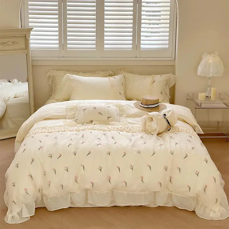 French princess floral lace ruffles bedding set bedroom decor