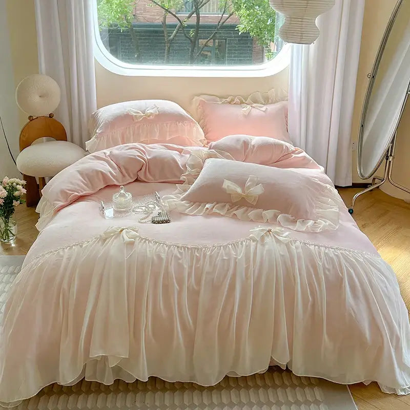 French princess lace pink velvet bedding set bedroom ruffles and bows