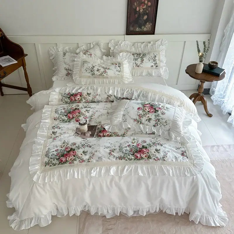 French rose flowers bedding set – bedroom cream ruffled cotton lace