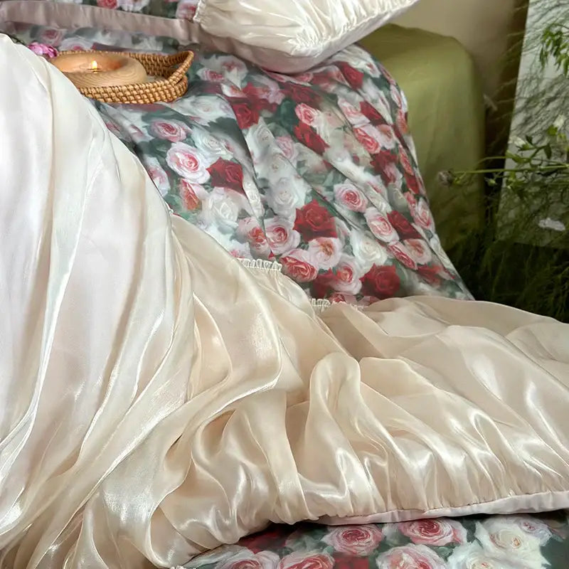 French rustic rose cream cotton duvet set bedroom pleated ruffles