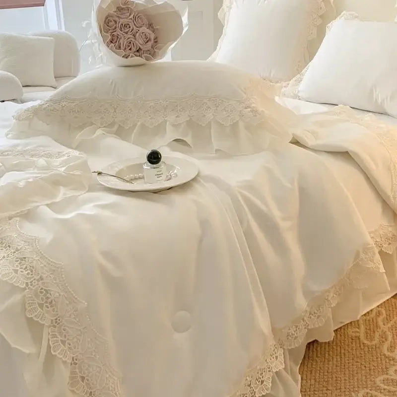 French wedding lace ruffles bedding set bedroom floral embroidery