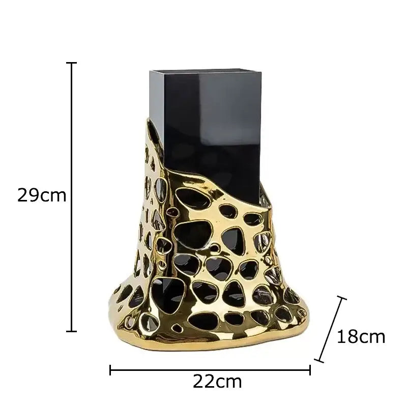 Geometric black & gold plated hollowed vase living room decor