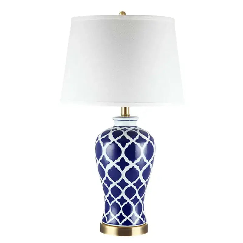 Geometric blue ceramic bedside table lamp for bedroom with gold base