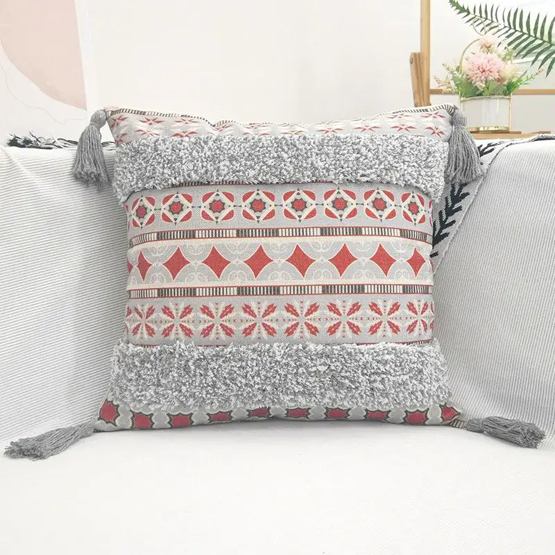 Geometric bohemian pillow case mustard yellow tassels living room