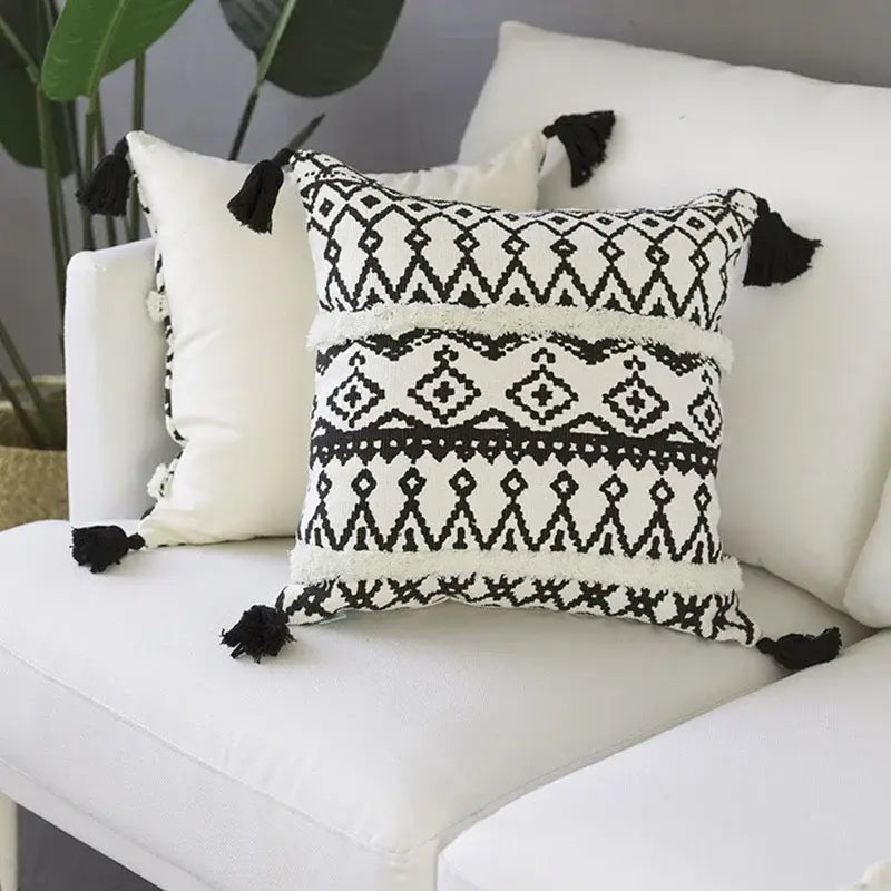 Geometric tufted black & white cushion cover living room tassel decor