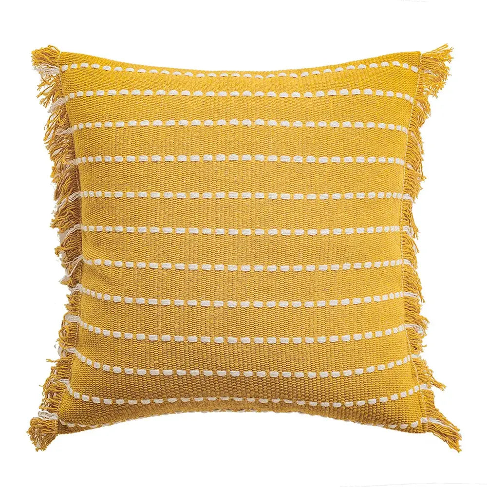 Geometric tufted yellow cushion cover with crochet tassels living room